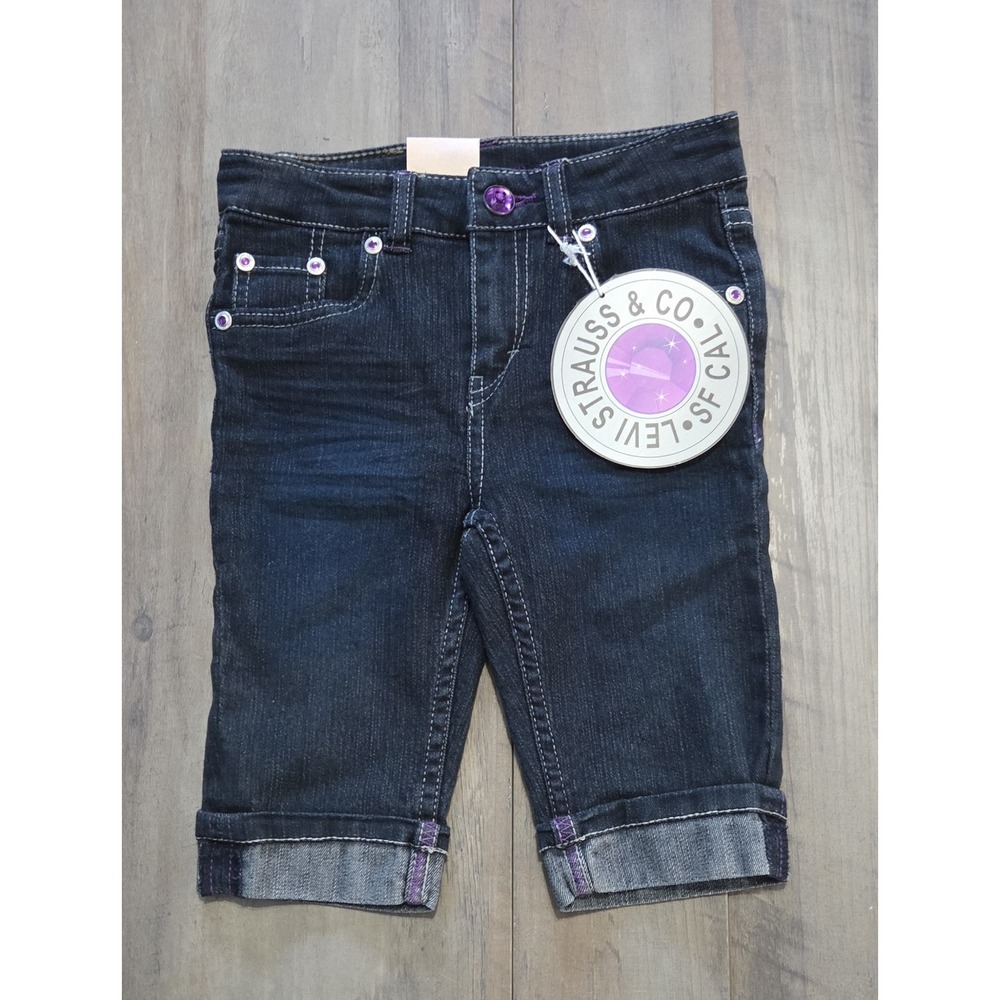 Levi's Strauss Girls Denim Cropped Pants W/ Purple Rhinestone Buttons Sz 6X-NWT